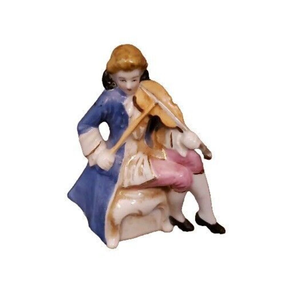 Vintage Porcelain Victorian Violin Player Figurine Sitting Blue Pink Japan 3.5"